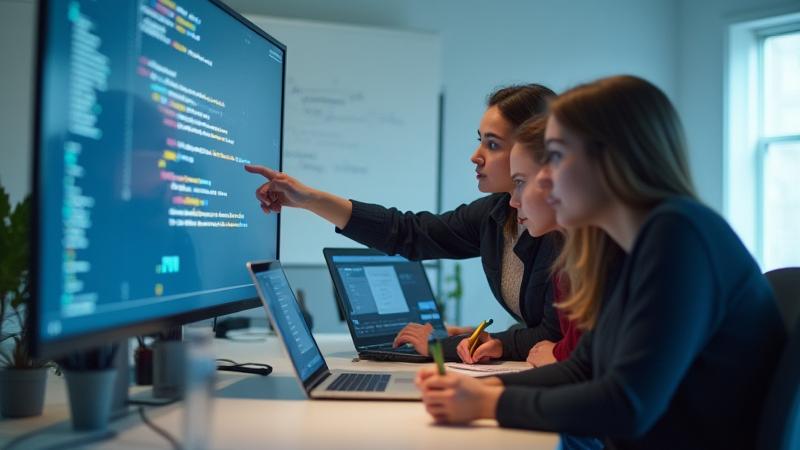 Студенты Жеміс Код, сфокусированно работающие в группе над проектом, обсуждая код и идеи, демонстрируя интенсивное практическое обучение.